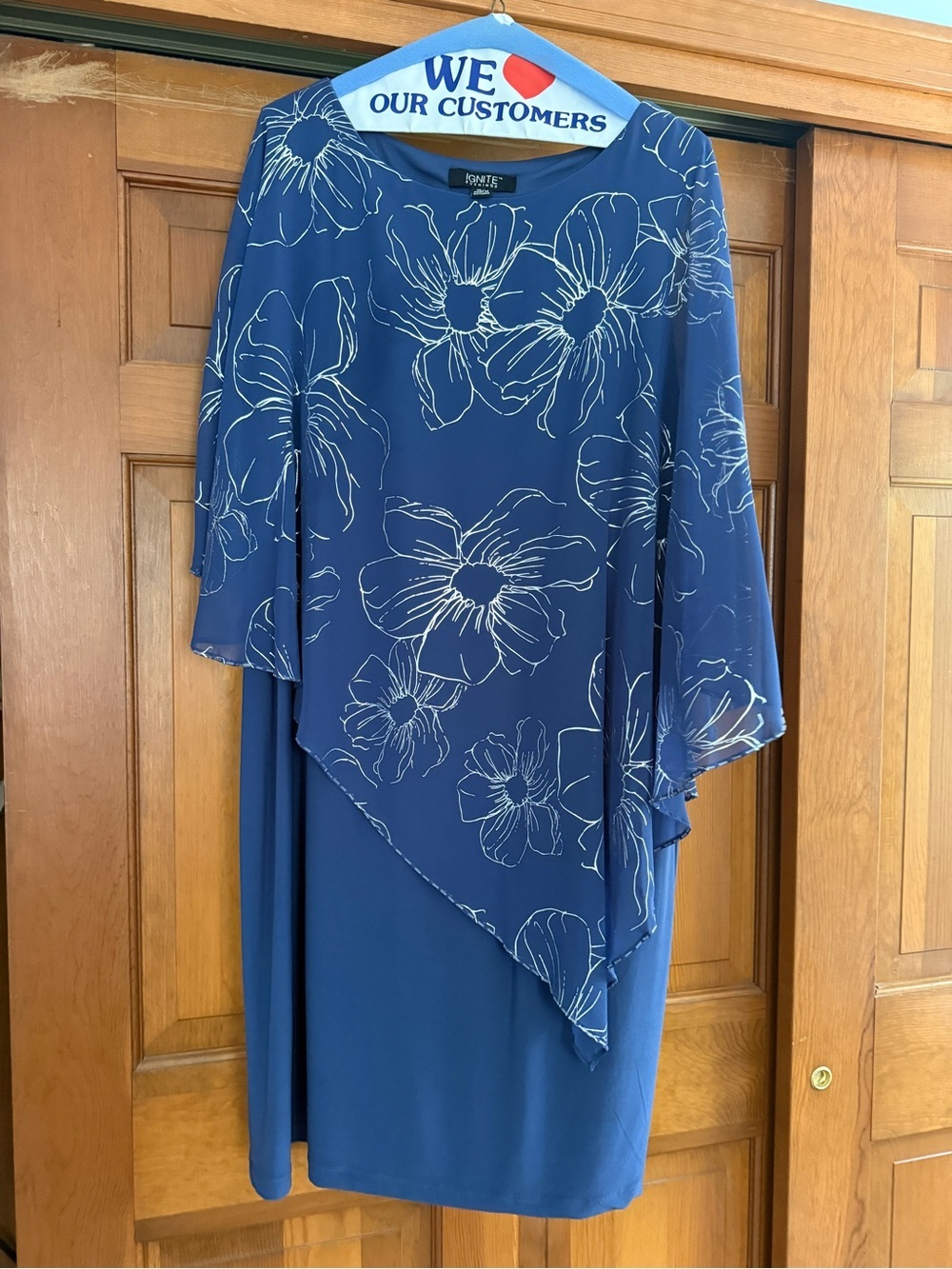Ignite Evenings Matte Jersey Sheath Dress w/ Asymmetric Hem Floral Print Overlay